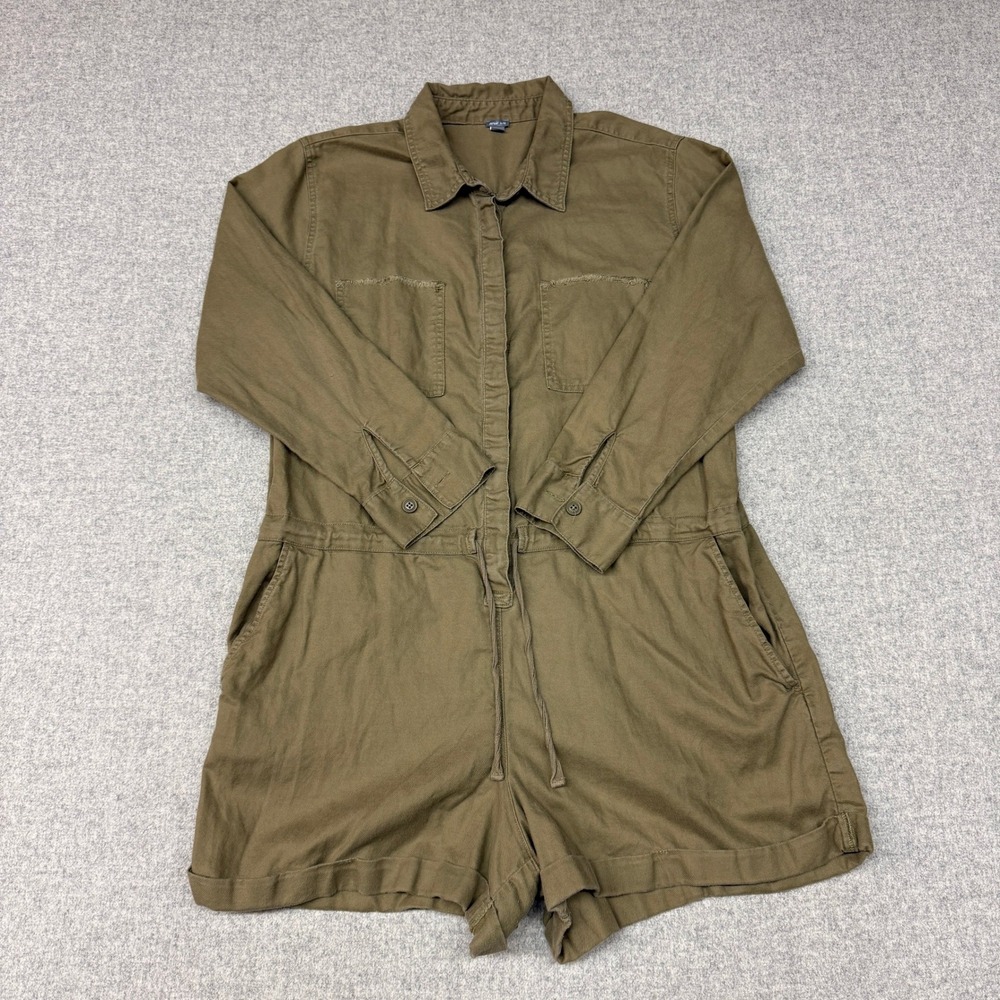Aerie Romper XL Olive Green Utility Long Sleeve Cotton Linen Drawstring Pockets